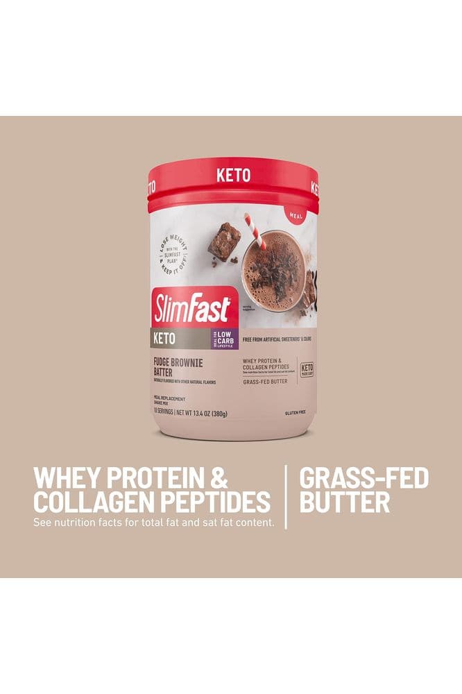 SlimFast Keto Meal Replacement Powder, Fudge Brownie Batter, Low Carb with Whey &amp; Collagen Protein, 10 Servings (Pack of 2) (Packaging May Vary)