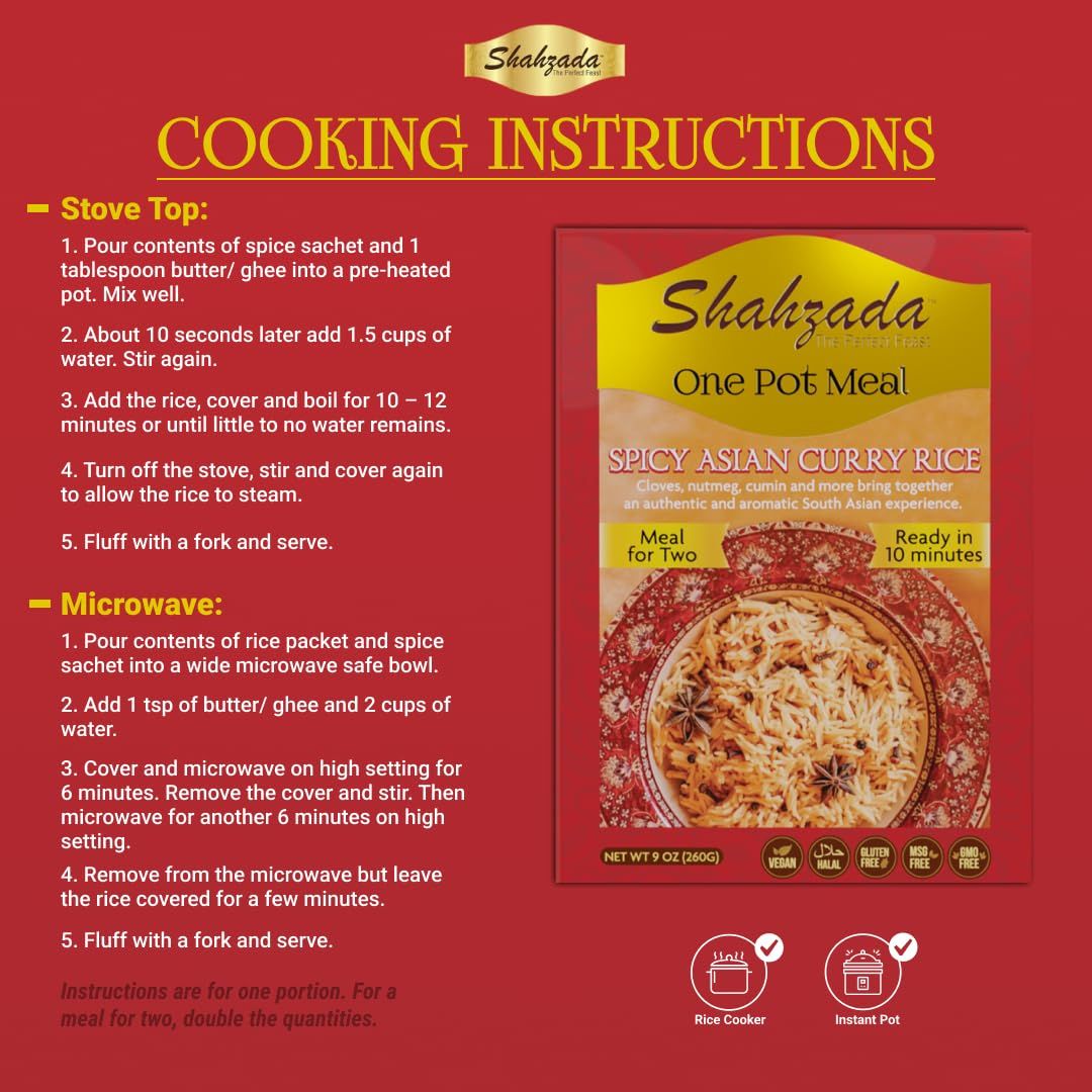 Shahzada One Pot Solutions  Ready to Cook Meal Kit Spicy  Asian Curry Rice QuickCook Authentic Basmati Rice MSGFree GlutenFree GMOFree Vegan  Halal  Delicious Meal for Two  09oz  Ready in 10mins