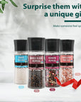 Soeos Black Peppercorns + White Sea Salt + Rainbow Peppercorns + Pink Salt, 9.8oz(277.82g) Spice Total, Plastic Bottle Grinder with Spice Included, Salt and Pepper Set, Grinder Set, Spice Set.