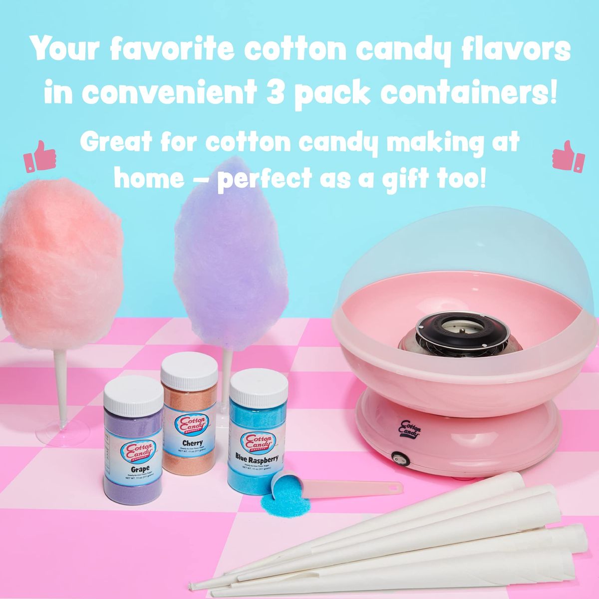 Cotton Candy Express CC1000S Cotton Candy Machine with 3  11oz Jars of Cherry Grape Blue Raspberry Orange Pink Vanilla Floss Sugar  50 Paper Cones Easy to Use and Clean