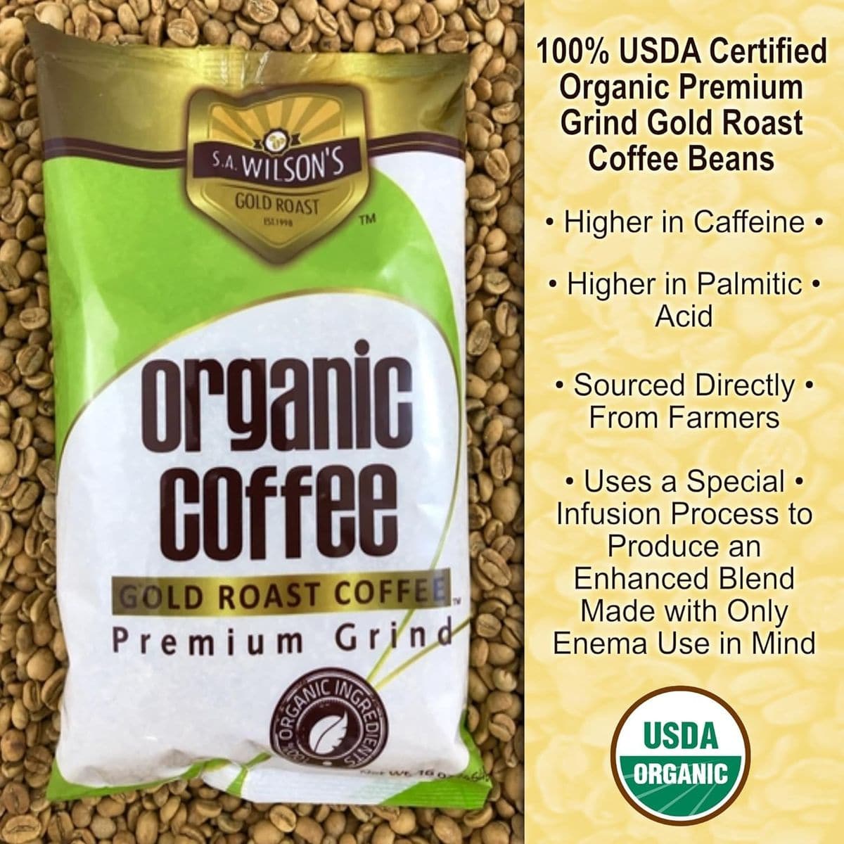 SA Wilsons Organic Enema Coffee Gold Roast Organic Enema Coffee High Caffeine Coffee 44 Higher Caffeine 2Pack Bundle with eShopX Coffee Scoop