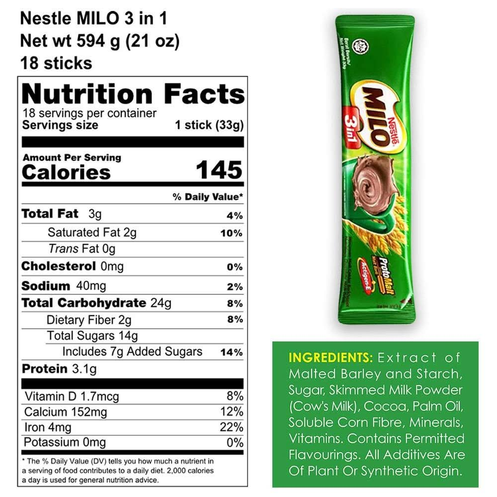 Nestle Milo 3in1 Chocolate Powder Richer than The Original  Instant Malt Chocolate Milk Powdered Drink  Fortified Energy Drink  More Chocolatey  More Malty  Imported from Malaysia 18 Sticks