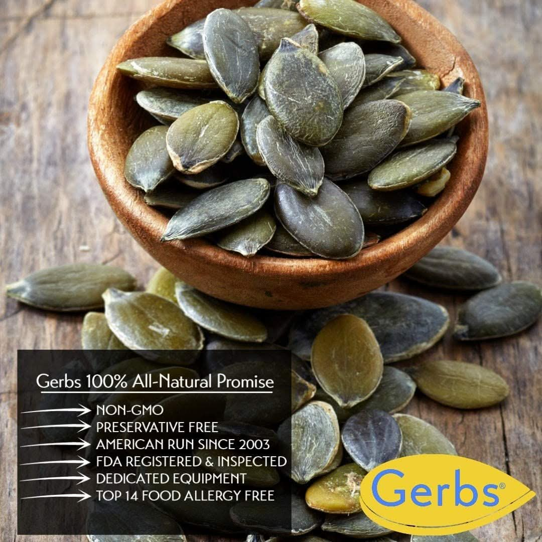 GERBS Raw Pumpkin Seed Kernels 1 LB  Top 14 Allergy Free Food  Protein rich super snack food  Use in salads yogurt baking oatmeal trail mix  Grown in Canada packaged in USA  Vegan Kosher