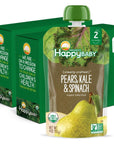 Happy Baby Organics Stage 2 Baby Food Pouches, Gluten Free, Vegan & Healthy Snack, Clearly Crafted Fruit & Veggie Puree, Pears, Kale & Spinach, 4 Ounces (Pack of 16)