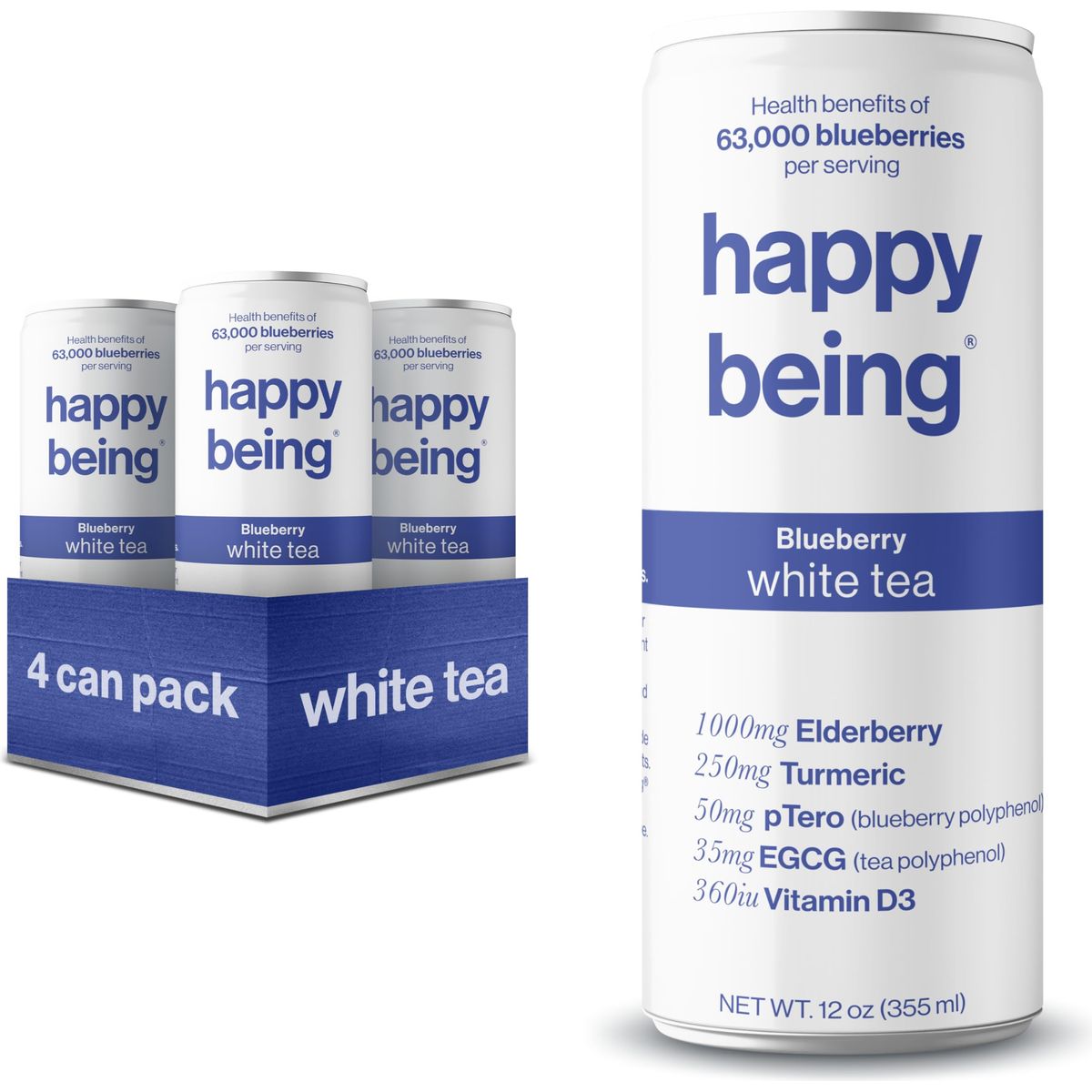 Happy Being NutrientRich Organic Blueberry White Tea  Infused with Turmeric Elderberry Vitamin D3 Caffeine Free PlantBased Low Calorie  Low Sugar Drinks 12oz 4 Pack