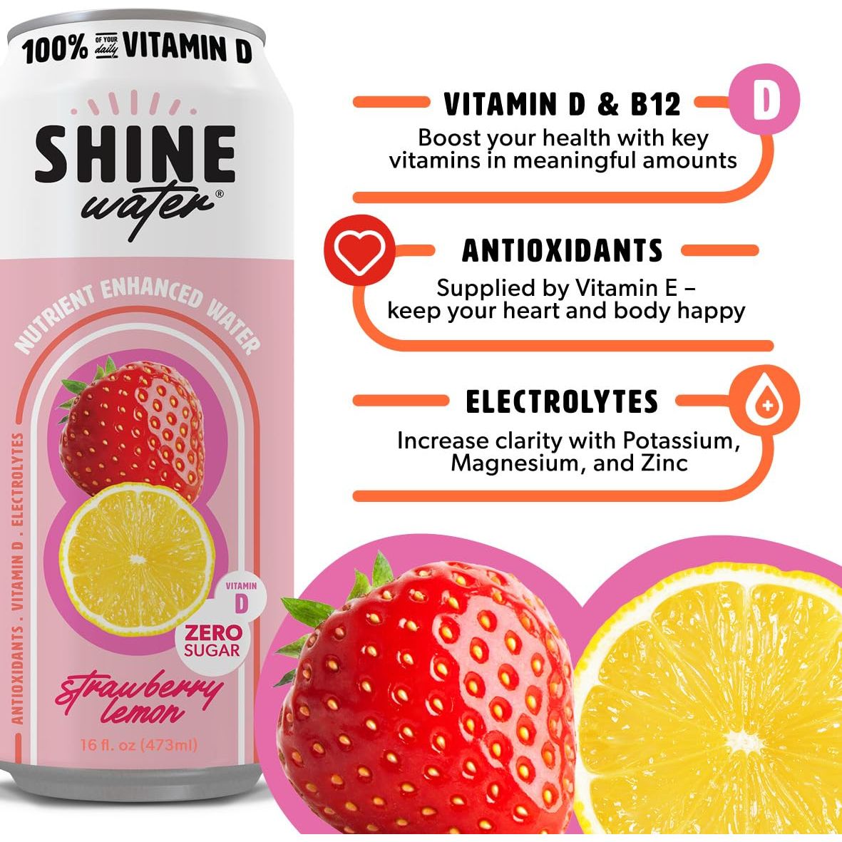 ShineWater Vitamin D Hydration Electrolyte Drink Strawberry Lemon 12 Pack Sugar Free Naturally Flavored Water Magnesium Zinc Vitamin B12 Folic Acid Plant Based Antioxidants Low Calorie