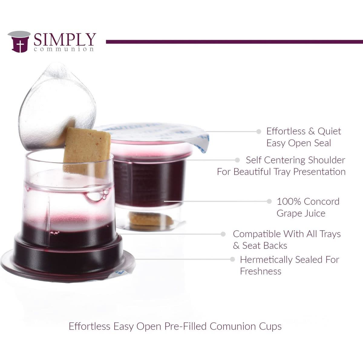 Simply Communion Prefilled Communion Cups  Tray  Seatback Pew Compatible Cups and Wafer  Concord Juice and Bread  Box of 100  EASY Open Made in the USA