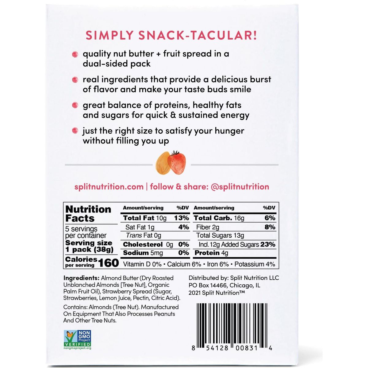 Split Nutrition Almond Butter and Strawberry Jelly Squeeze Packs - Non-GMO, Gluten Free Snack Pouch - On The Go Snack Made with Real Food - Zero Artificial Preservatives or Sweeteners (5 Pack)