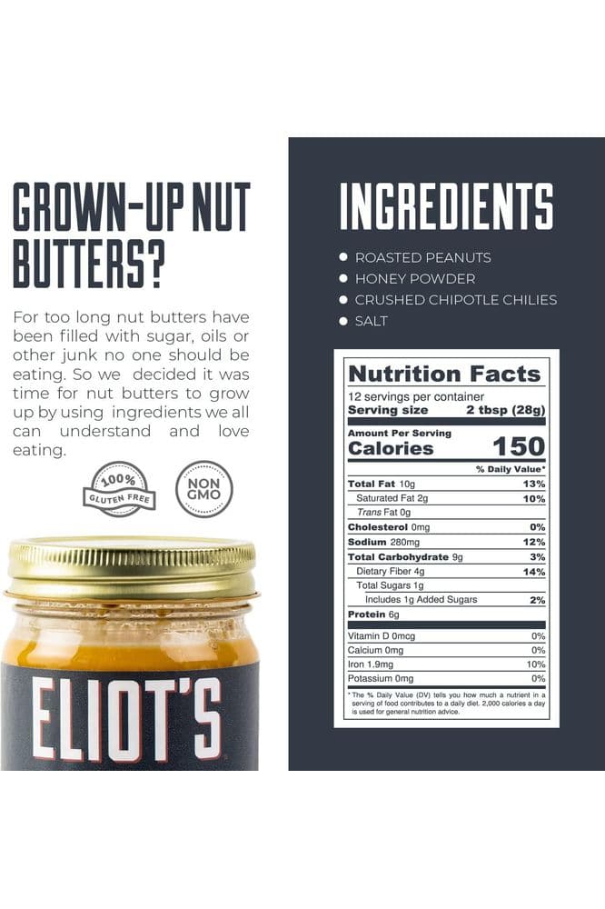 Eliot&#39;s Nut Butters Natural Low Sugar Crunchy Peanut Butter, Low Carb, Keto Friendly, Honey Chipotle, 12 Ounce