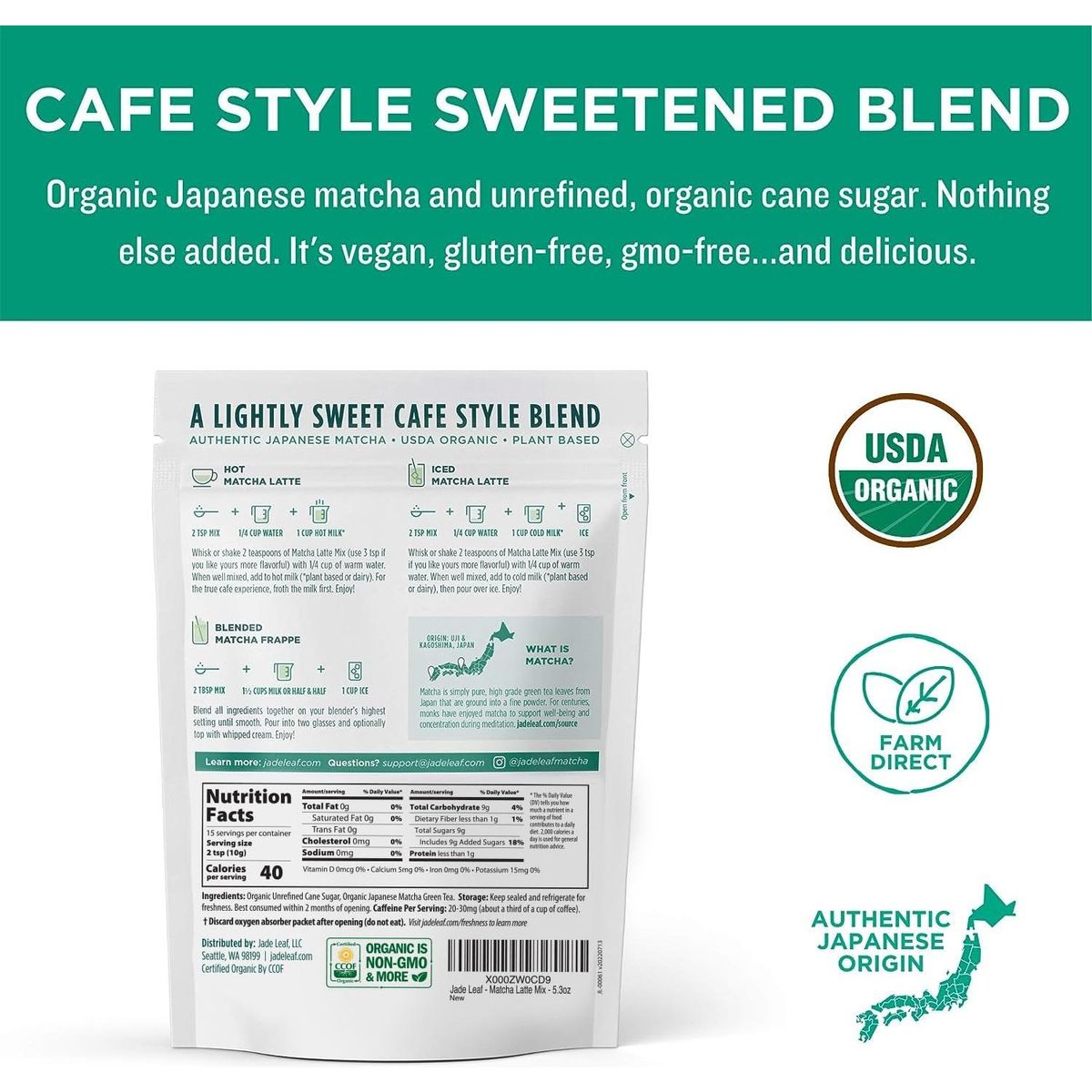 Jade Leaf Organic Matcha Latte Mix - Cafe Style Sweetened Blend - Sweet Matcha Green Tea Powder (5.3 Ounce)