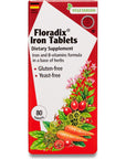 Floradix, Iron Tablets Vegetarian Supplement for Energy Support for Women and Men, Non-GMO, Vegetarian, Kosher, Lactose-Free, Unflavored, 80