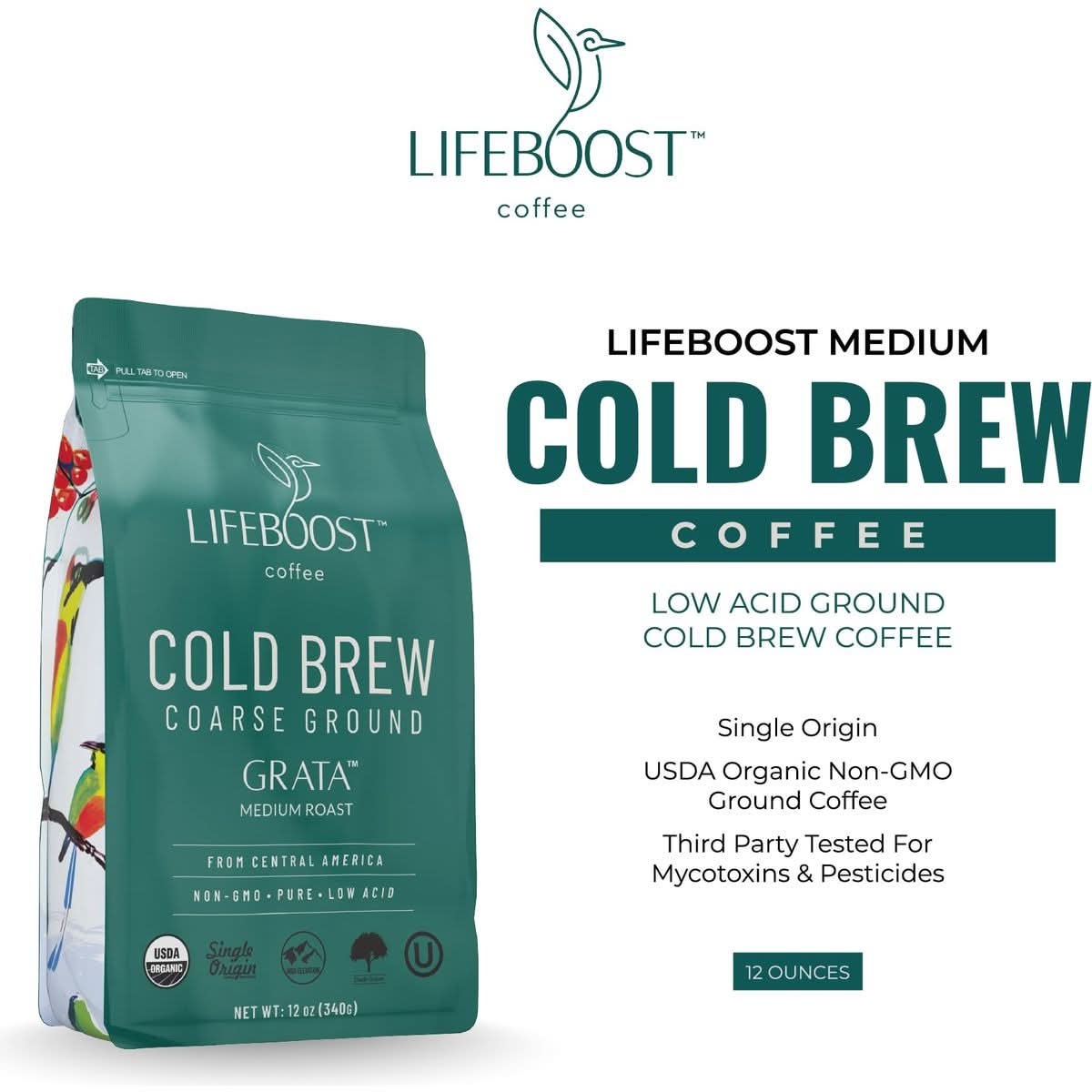 Lifeboost Medium Cold Brew Coffee  Low Acid Coarse Ground Coffee for Cold Brew  Single Origin NonGMO USDA Organic Cold Brew Coffee Grounds  3rd Party Tested For Mycotoxins  Pesticides  12 Ounces