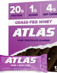 Atlas Protein Bar 20g Protein 1g Sugar Clean Ingredients Gluten Free Dark Chocolate Almond 12 Count Pack of 1