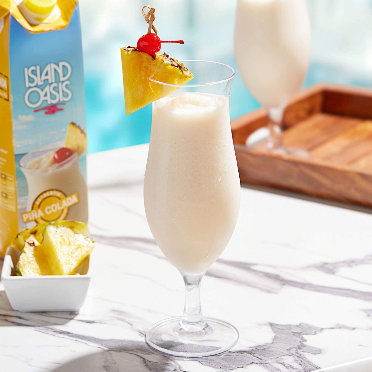 Island Oasis Strawberry Fruit Puree and Pina Colada Beverage Mix 1 Liter of each with Set of By The Cup Coasters