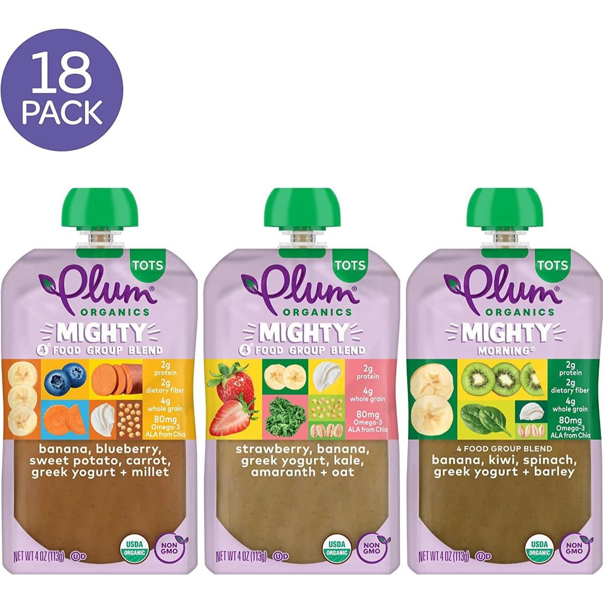 Plum Organics Mighty Food Group Blend Organic Baby Food Meals [12+ Months] Variety Pack 4 Ounce Pouch (Pack Of 18) Packaging May Vary