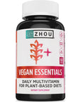 Zhou Vegan Essentials Multivitamin Supplement B Vitamins Energy Vitamin C Zinc Immune System Function Iodine Thyroid Support Liposomal Iron PlantBased Diet Multivitamin 60 Veg Caps