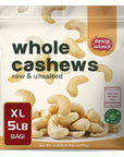 Spicy World Raw Cashews Whole 5 Pound Bulk  Unsalted Natural  Pure No Chemicals