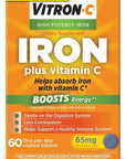 Vitron-C Iron Supplement, Once Daily, High Potency Iron Plus Vitamin C, Supports Red Blood Cell Production, Dye Free Tablets, 60 Count