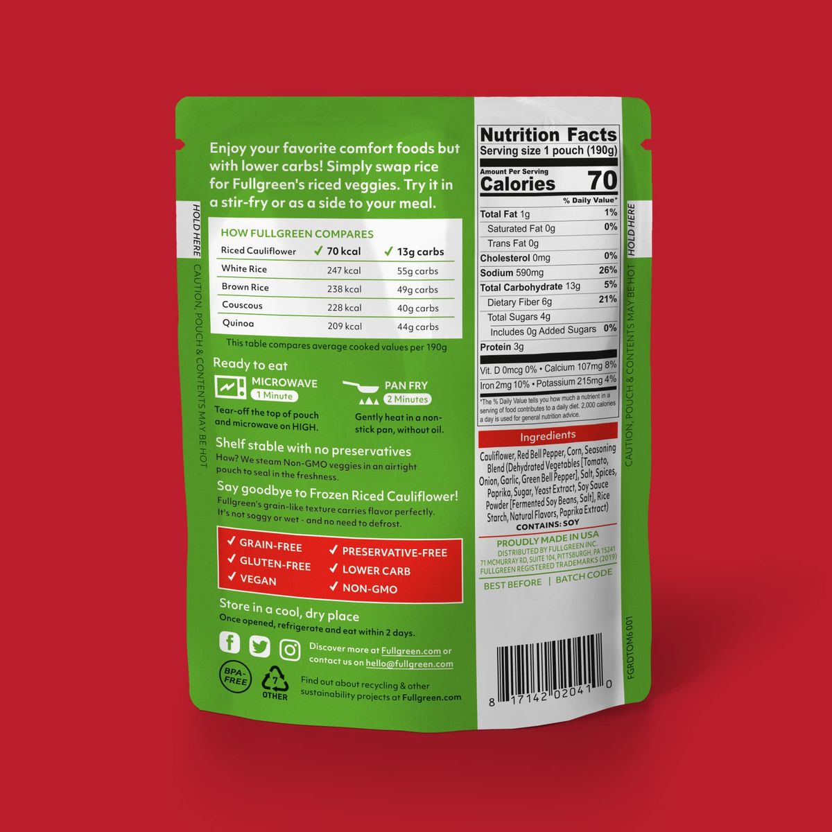 Fullgreen Riced Cauliflower with Tomato Red Pepper  Corn nongmo no preservatives shelfstable Keto sides exclusive keto take home case of 6