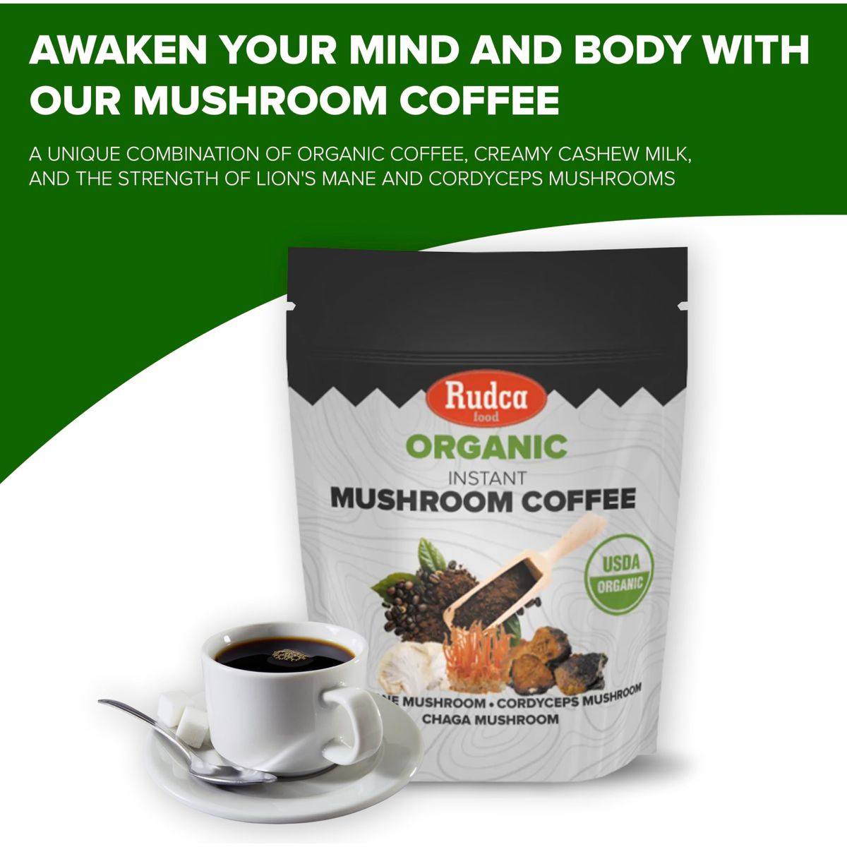 Rudca Food Organic Instant Mushroom Coffee Lions Mane Mushroom Cordyceps Mushroom Chaga Mushroom Blend  7 oz Pack of 1