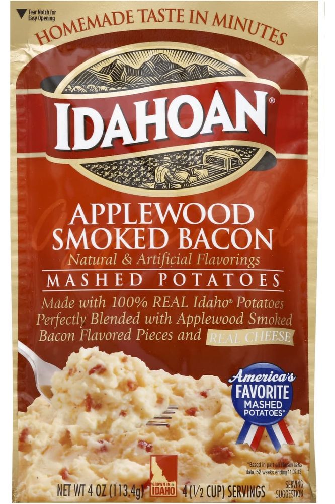 Idahoan Mashed Potatoes Applewood Smoked Bacon Buttery Homestyle Loaded Baked and Roasted Garlic 4 ounce Pack of 4  with Make Your Day Mini Bamboo Spatula