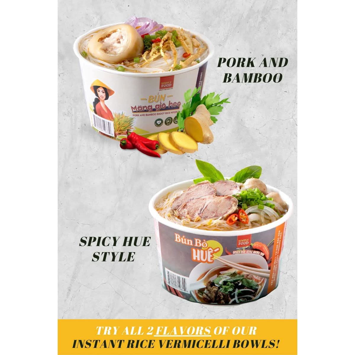 SIMPLY FOOD Instant Spicy Hue Styled Rice Vermicelli Noodles Bún Bò Hu¿  9 BOWLS 72g each  Thin White Round Rice Vermicelli Noodles in a Spicy Hue Styled Broth