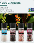 Soeos Black Peppercorns + White Sea Salt + Rainbow Peppercorns + Pink Salt, 9.8oz(277.82g) Spice Total, Plastic Bottle Grinder with Spice Included, Salt and Pepper Set, Grinder Set, Spice Set.