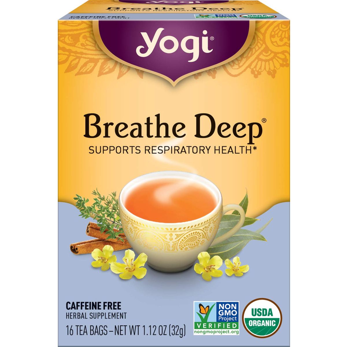 Yogi Tea  Breathe Deep 6 Pack  Supports Respiratory Health with Eucalyptus Thyme and Mullein Leaves  Caffeine Free  96 Organic Herbal Tea Bags