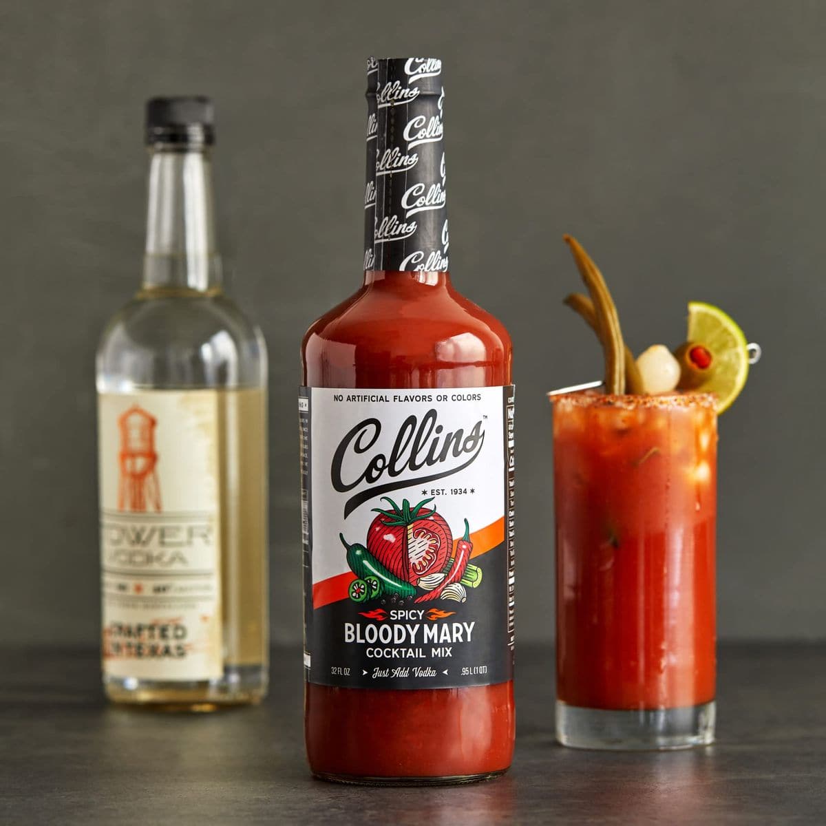 Collins Spicy Bloody Mary Mix Made With Tomato Garlic Worcestershire Horseradish Cayenne and Other Spices Brunch Cocktail Recipe Bartender Mixer Drinking Gifts Home Cocktail bar 32 fl oz