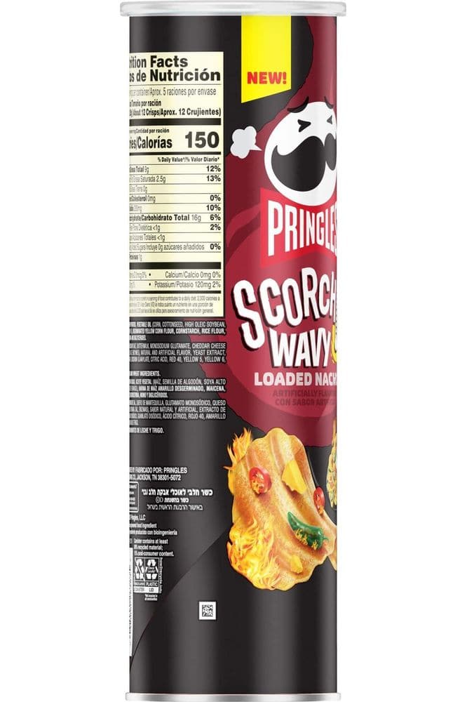 Pringles Scorchin&#39; Wavy Potato Crisps Chips, Lunch Snacks, Spicy Snacks, Loaded Nachos, 4.8oz Can (1 Can)