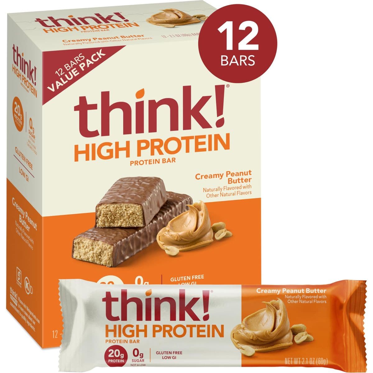 think Protein Bars High Protein Snacks Gluten Free Kosher Friendly Creamy Peanut Butter Nutrition Bars 21 Oz per Bar 12 Count Packaging May Vary