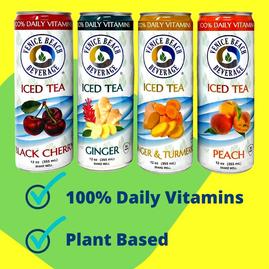 Venice Beach Beverage Iced Tea 100 Daily Vitamins Variety Pack  4 Flavors  Black Cherry Ginger Peach Ginger  Turmeric 12 Fluid Ounces 12 Pack Case