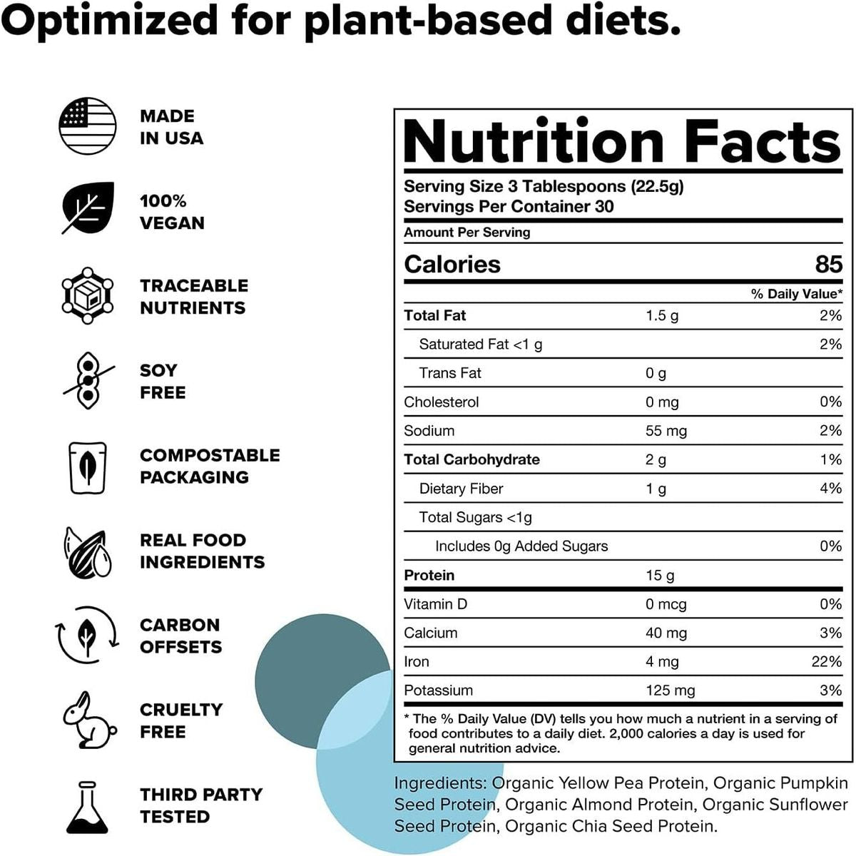 Complement Organic Unflavored Vegan Protein Powder 30 Servings, Pumpkin Seed- 15g