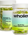 wholier Plant Based Multivitamin Vegan Omega-3 DHA EPA, Vitamin D, Vitamin B12, Zinc, Vitamin K2, Iron, Iodine, Selenium. 60 Count (30-Day Supply) Glass Bottle