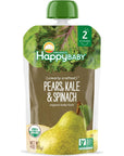 Happy Baby Organics Stage 2 Baby Food Pouches, Gluten Free, Vegan & Healthy Snack, Clearly Crafted Fruit & Veggie Puree, Pears, Kale & Spinach, 4 Ounces (Pack of 16)