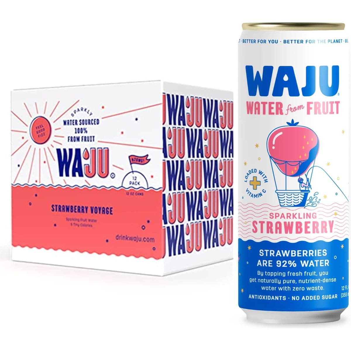 Natural Strawberry Sparkling Water  Direct from Fruit Hydration No Added Sugar Low Calorie Drink Antioxidant  Vitamin Rich Organic Bubbly EcoFriendly Alternative to Flavored Water or Seltzer Water by WAJU 12oz Cans 12Pack