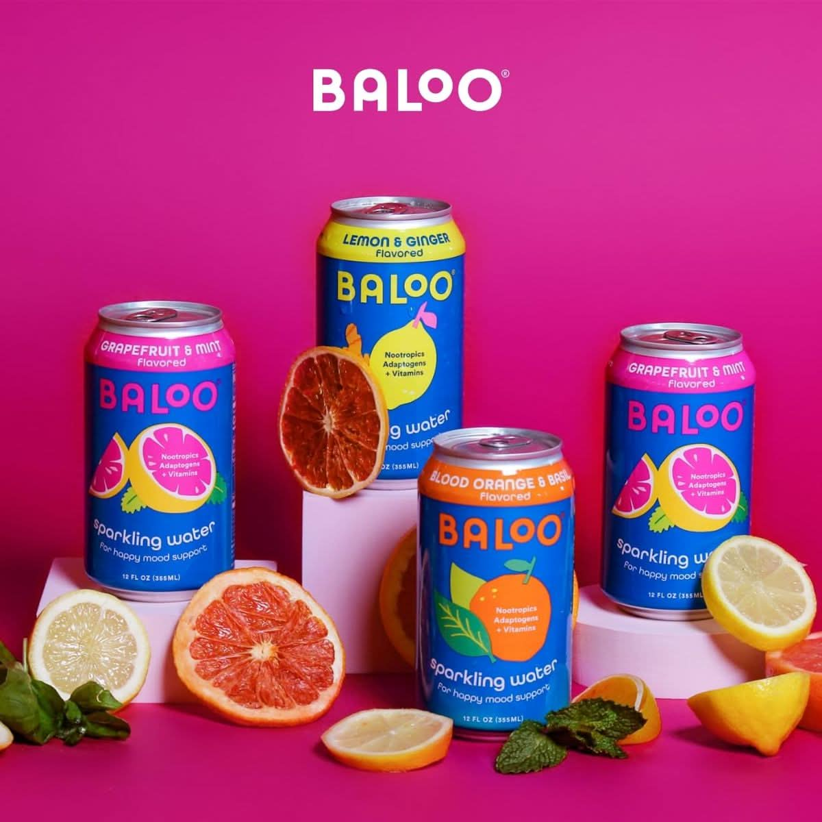 Baloo Sparkling Water Grapefruit Mint MoodBoosting Sparkling Water w Nootropics Adaptogens  Vitamins Packaging May Vary 12 Ounce Cans Pack of 12  NO Artificial Sweeteners Low Calories  Low Sugar Kosher Certified