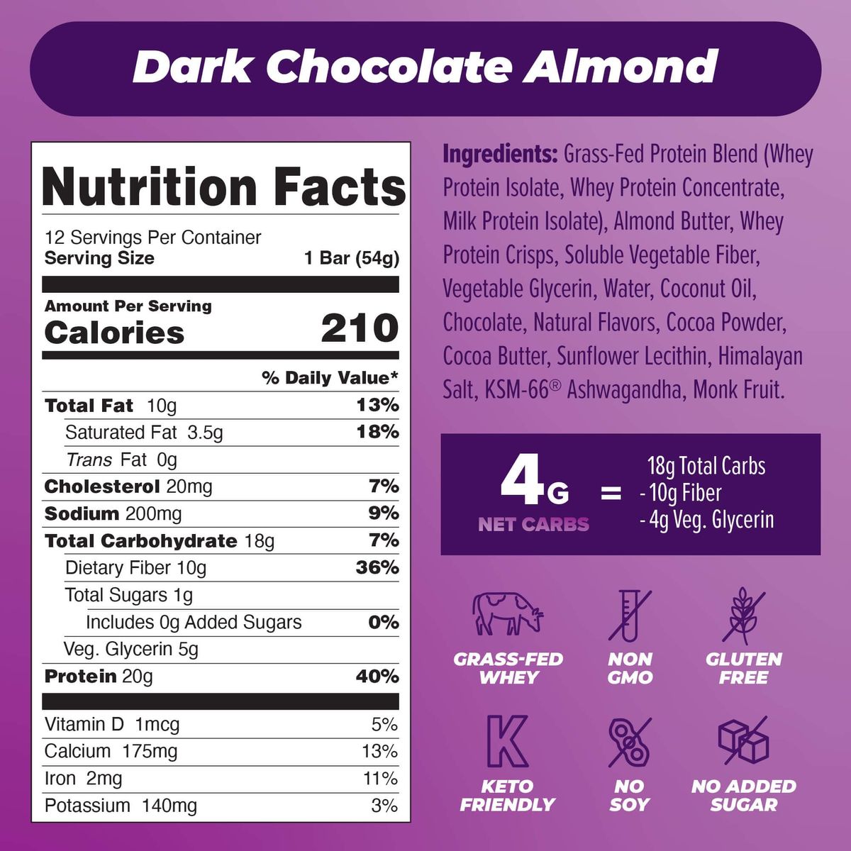 Atlas Protein Bar 20g Protein 1g Sugar Clean Ingredients Gluten Free Dark Chocolate Almond 12 Count Pack of 1