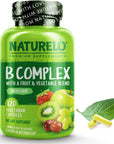 NATURELO Vitamin B Complex with Methyl B12, Methyl Folate, Vitamin B6, Biotin Plus Choline, CoQ10, and Fruit & Vegetable Blend - Supports Energy & Healthy Stress Response - Vegan - 120 Capsules