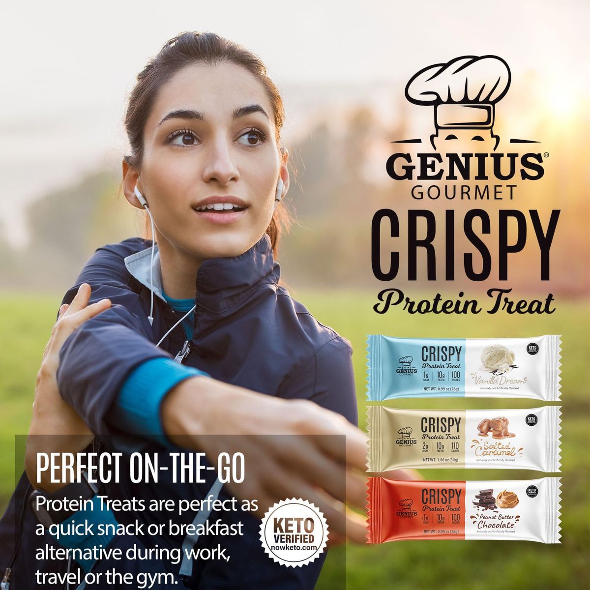 Genius Gourmet Crispy Protein Treat Chocolate Peanut Butter Keto Snack Low Carb Low Sugar  Gluten Free Protein Snacks for Adults 10G of Whey Protein per Protein Bar 5 Net Carbs 10 CT