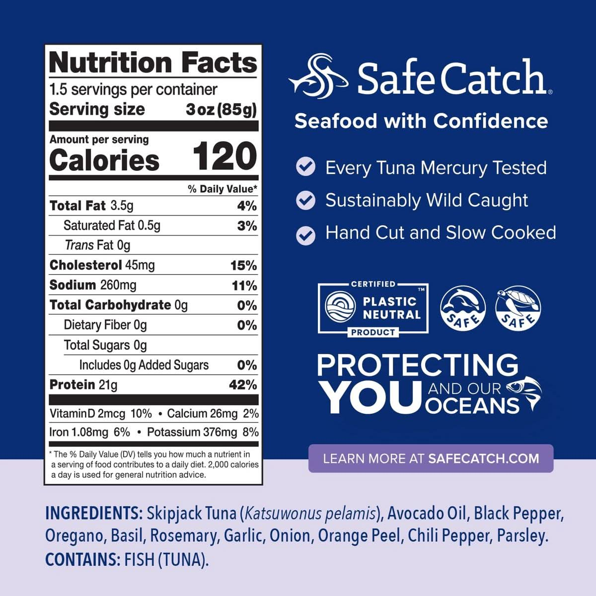 Safe Catch Elite Garlic Herb Canned Wild Skipjack Tuna Fish Can Seasoned Lowest Mercury NonGMO Paleo Whole 30 High Protein Food 5oz 6Pack