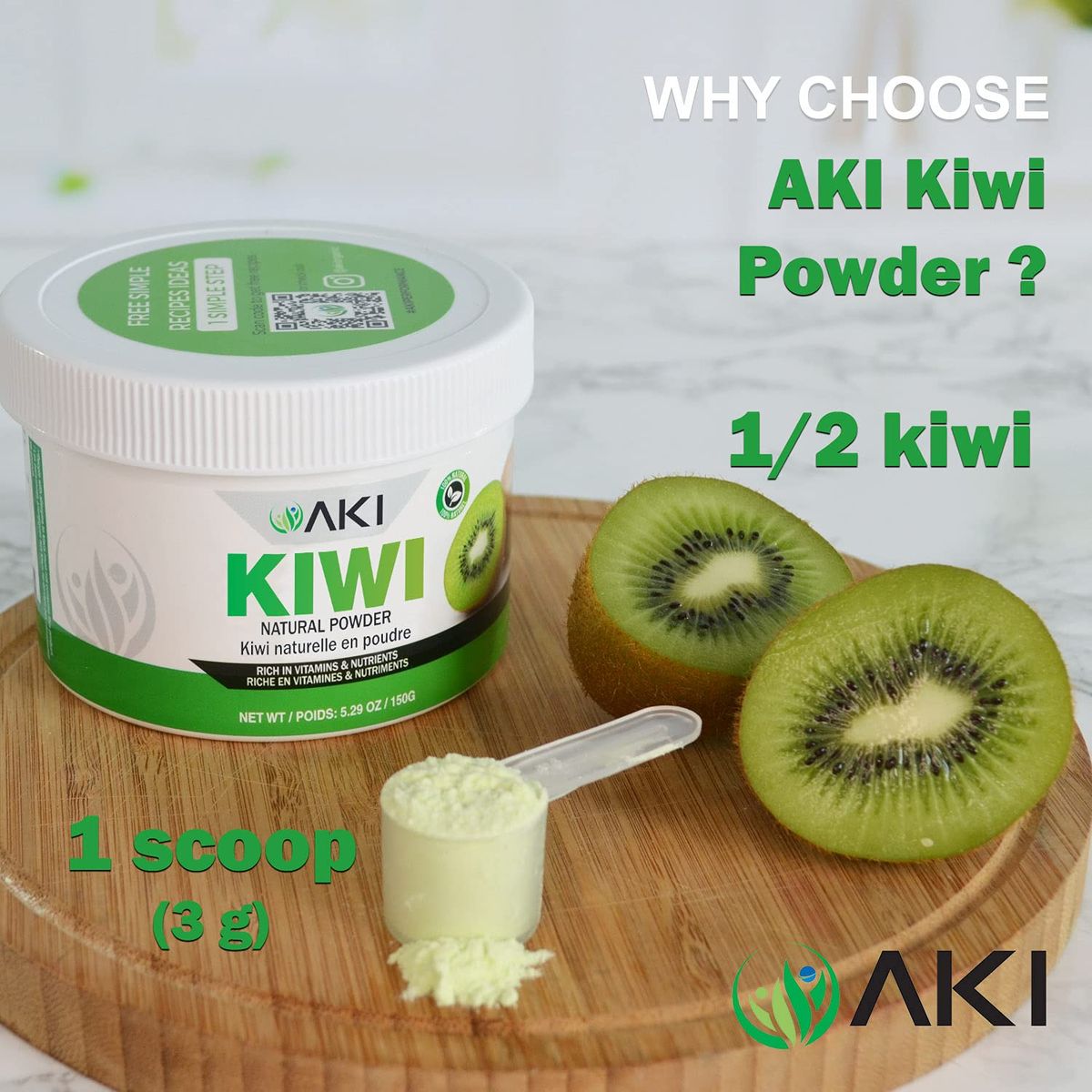 AKI KIWI Powder 529Oz150G Good In Nutrients  Vitamins Ideal Light Green Food Coloring for Protein Smoothies Juice Glazing Yogurt Popsicles or Desserts  GLUTENFREE VEGAN