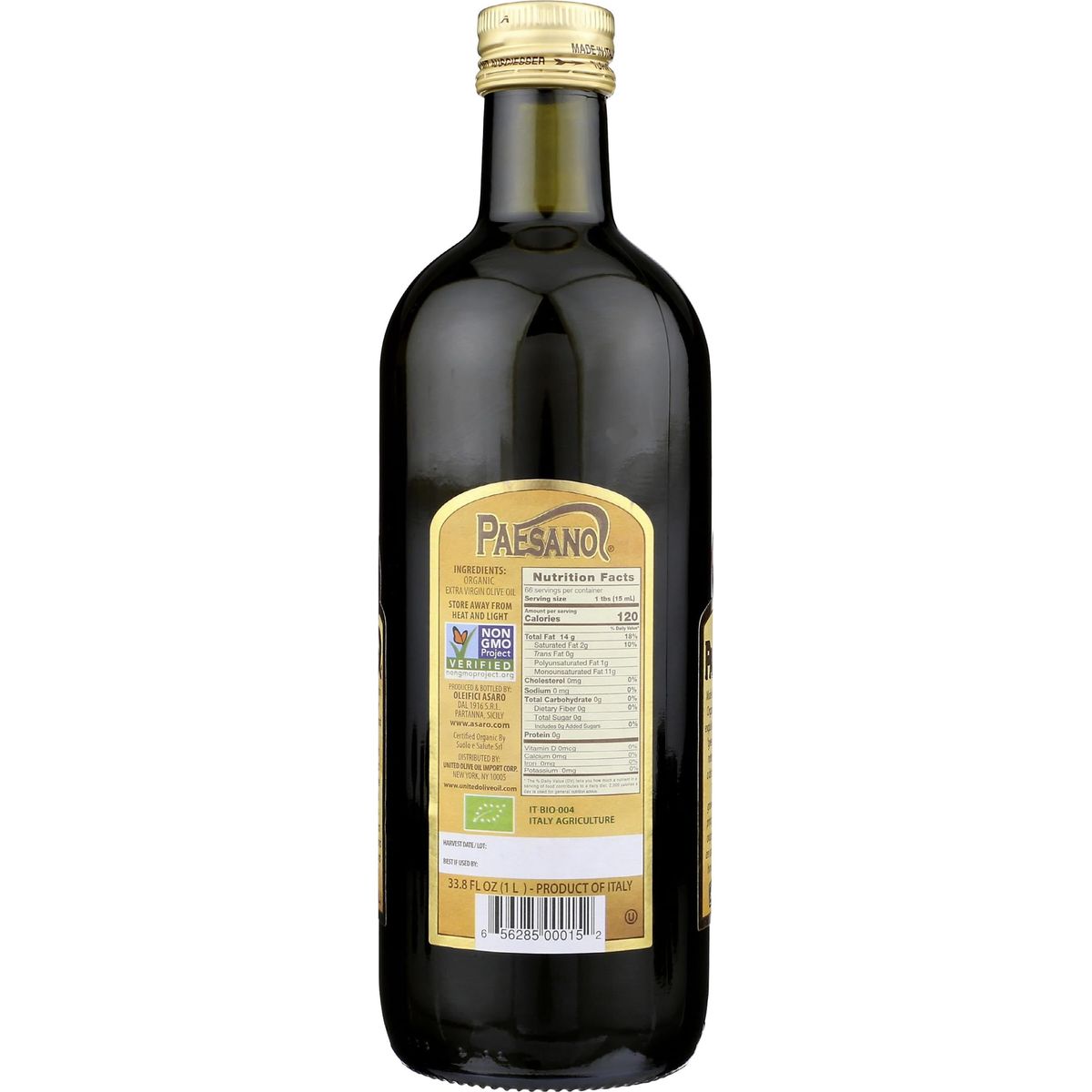 Paesanol ORGANIC UNFILTERED Extra Virgin Olive Oil 33.8 Fl Oz Glass