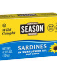 Season Sardines in Sunflower Oil  Wild Caught 22g of Protein Keto Snacks More Omega 3s Than Tuna Kosher High in Calcium Canned Sardines  437 Oz 12Pack