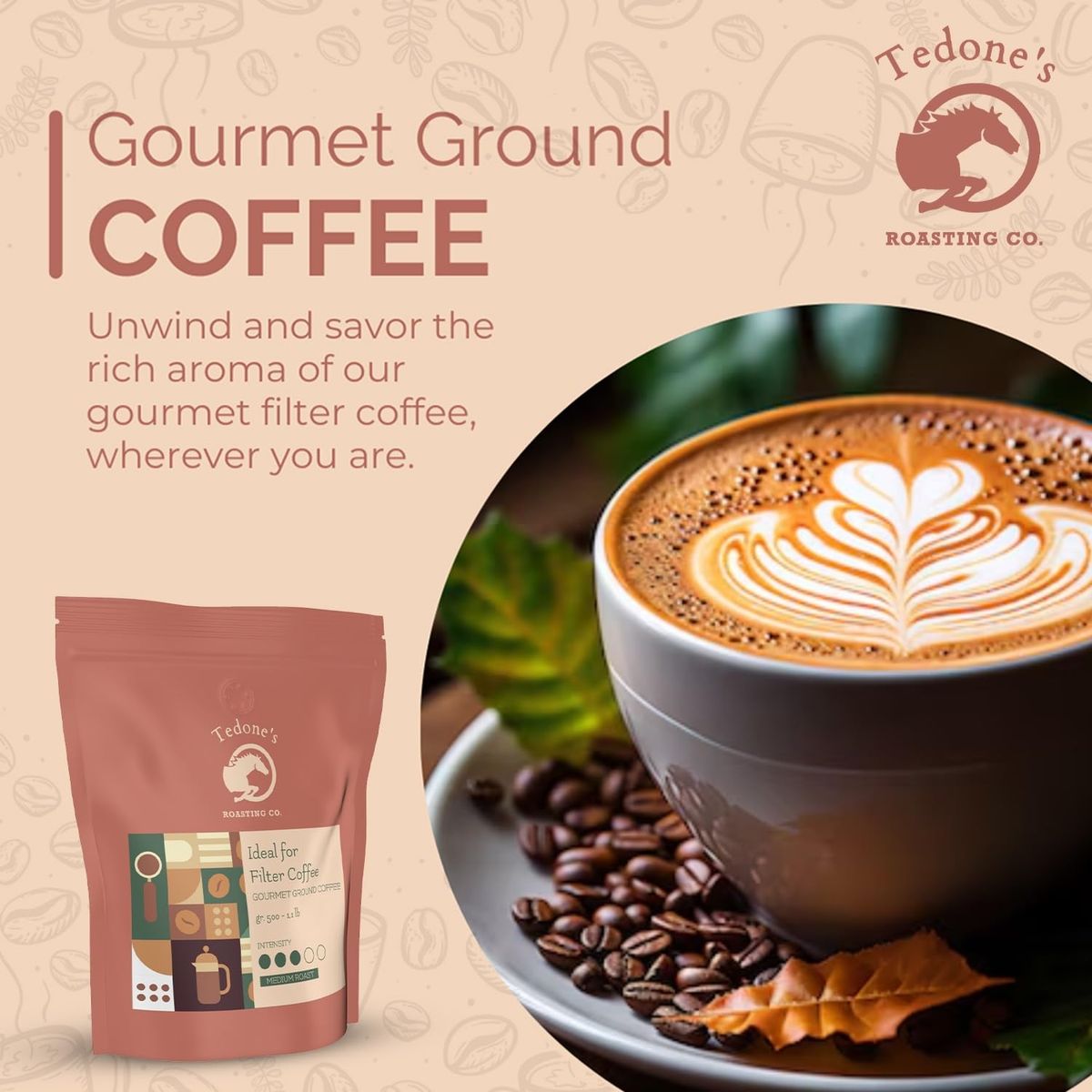 Tedones Ground Coffee Medium Roast  Rich Italian Roast Flavor Gourmet Coffee Coarse Ground Coffee for French Press 18 oz