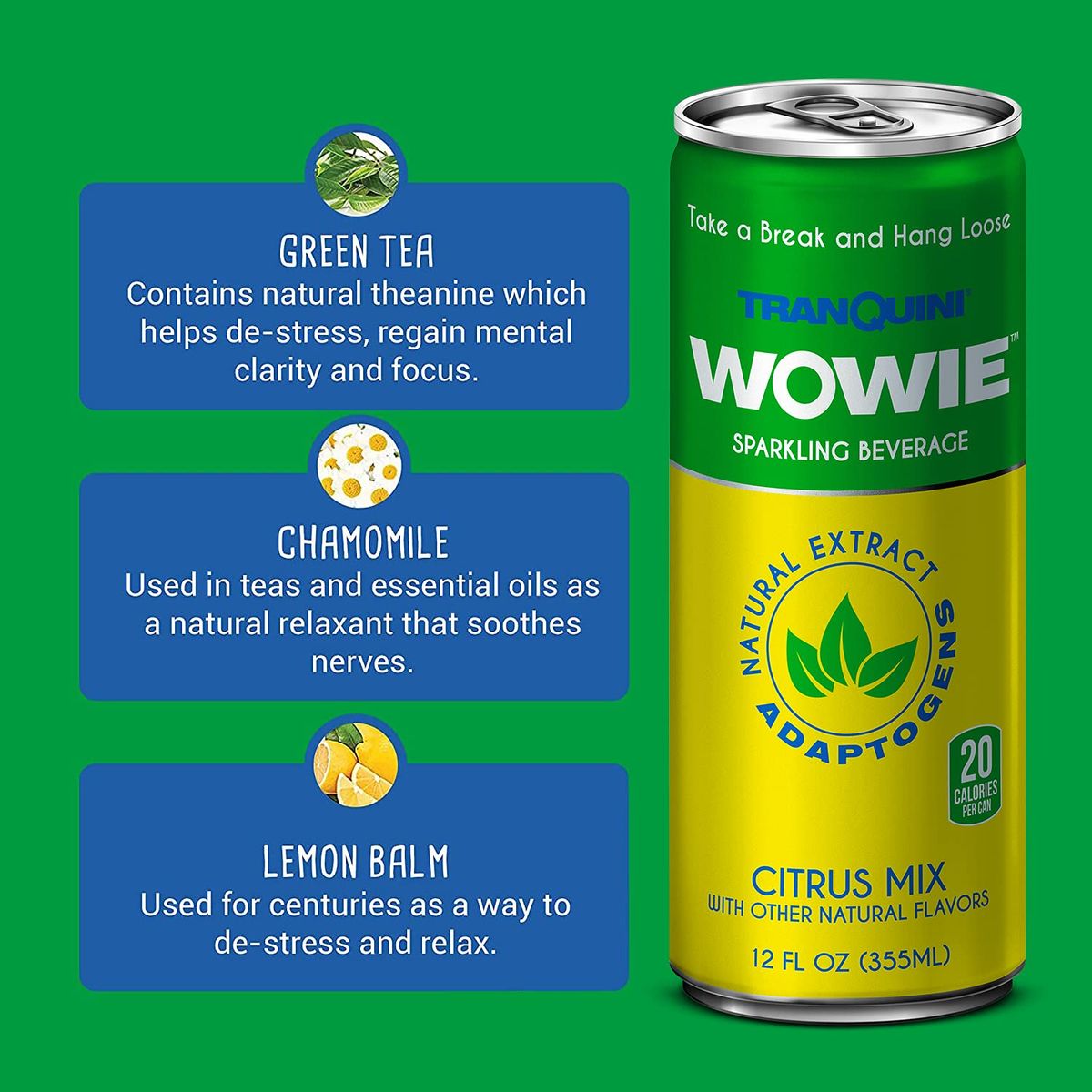 Wowie  Infused Sparkling Beverage for Stress and Anxiety Relief  AllNatural Low Calorie  Nonalcoholic  Herbal Adaptogens Drink  12oz Sleek Can