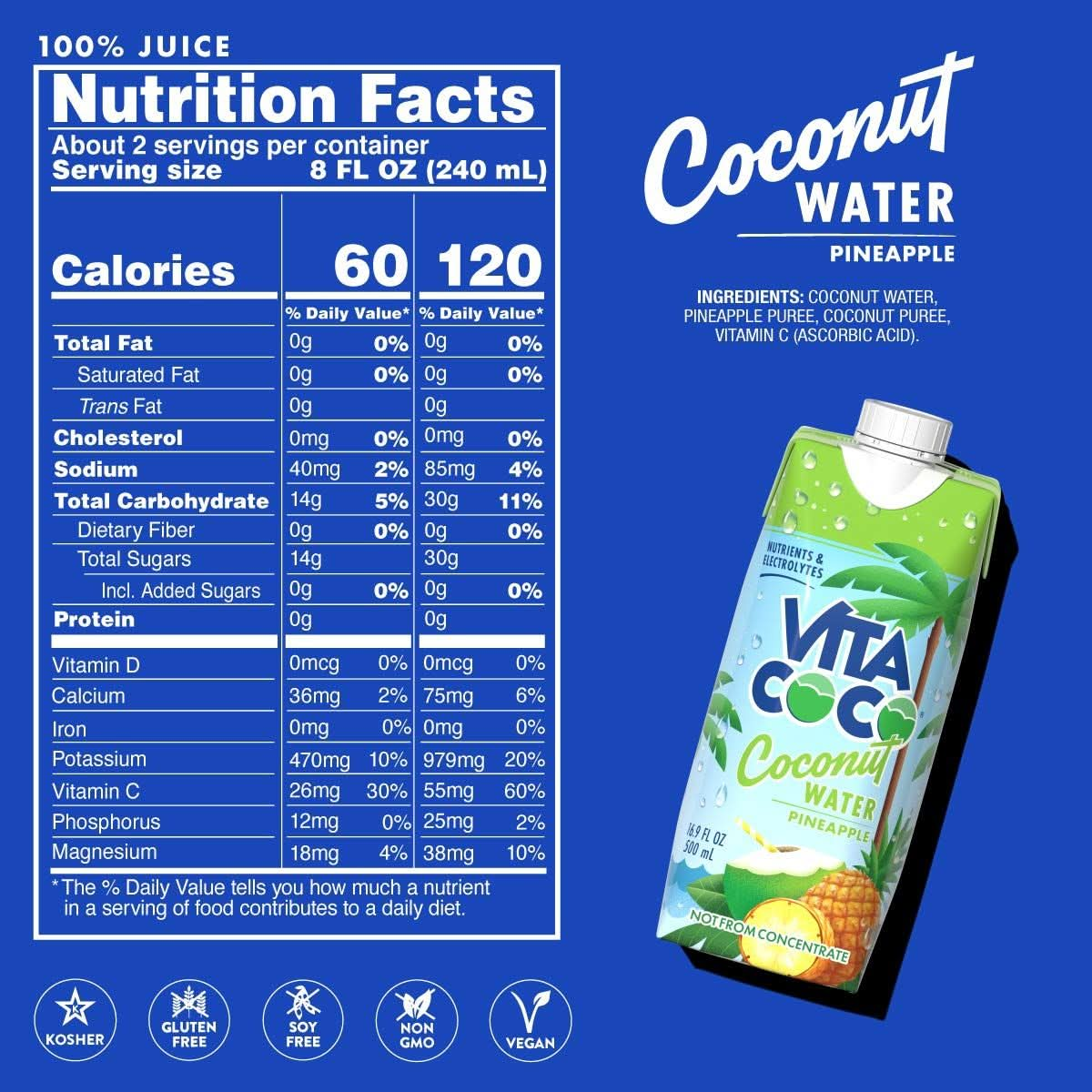 Vita Coco Coconut Water Naturally Hydrating Electrolyte Drink Smart Alternative to Coffee Soda and Sports Drinks Gluten Free Pineapple 169 Fl Oz Pack of 12 2028 Fl Oz