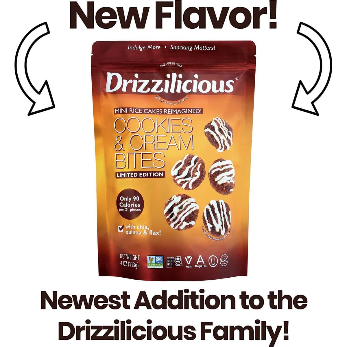 Drizzilicious Smores 10 Pack  Mini Snack Chocolatey Rice Cakes  Vegan Air Popped Chia Quinoa Flax Smore Snacks