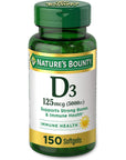 Nature's Bounty Vitamin D3, Immune and Bone Support, 5000IU, Rapid Release Softgels, 150 Ct