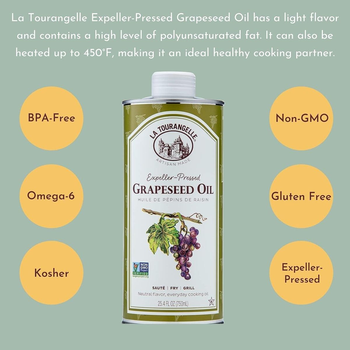 La Tourangelle, Expeller-Pressed Grapeseed Oil, High Heat Neutral Cooking Oil, Cast Iron Seasoning, Also Great for Skin, Hair, and DIY Beauty Recipes, 25.4 fl oz